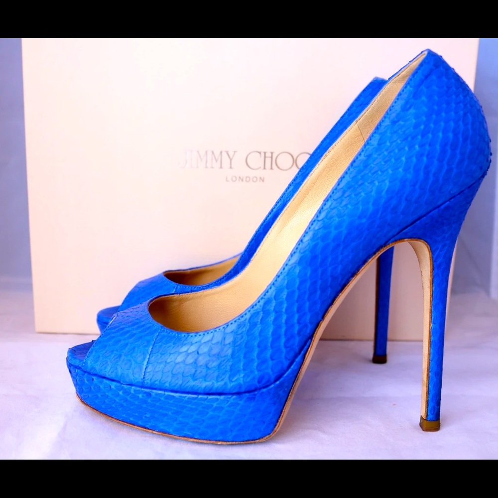 Jimmy Choo Electric Blue Watersnake Open-Toe Pumps - 38.5/8.5 - NIB